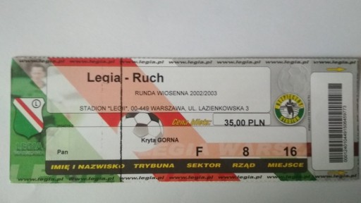 Zdjęcie oferty: Bilet Legia Warszawa - Ruch 2002/2003