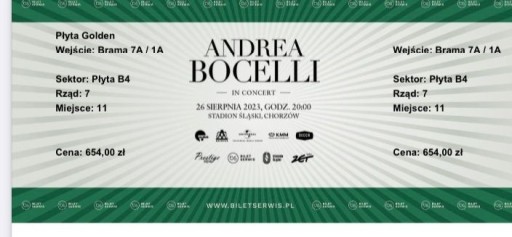 Zdjęcie oferty: 2x bilety koncert Andrea Bocelli 26.08.23r Chorzów