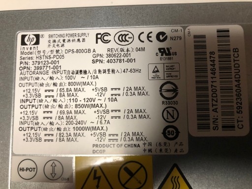 Zdjęcie oferty: Zasilacz serwerowy 1000W HP DPS-800GB A