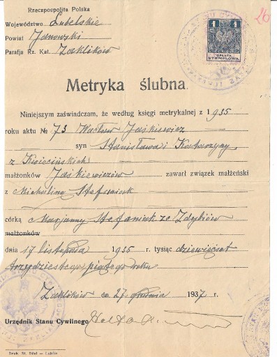 Zdjęcie oferty: Metryka ślubna z 1937r- Parafia Zaklików. Pieczęć 