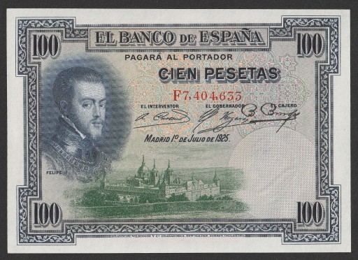 Zdjęcie oferty: Hiszpania 100 peset 1925 - Filip II - stan UNC