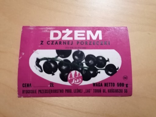 Zdjęcie oferty: Etykieta dżem z czarnej porzeczki Las Toruń