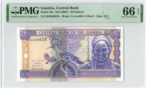 Zdjęcie oferty: Banknot Gambia 50GMD 2001 PMG66