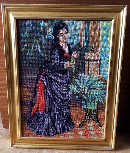 Zdjęcie oferty: Obraz haftowany ręcznie Kobieta z kwiatami w salon