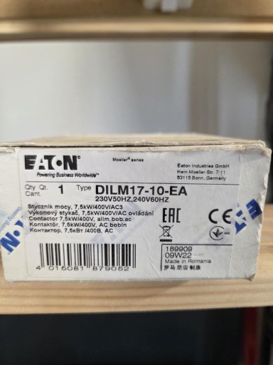 Zdjęcie oferty: Stycznik mocy 17A 3P 230V AC 1Z 0R DILM17 10 EA 230V50HZ 240V60HZ  189909