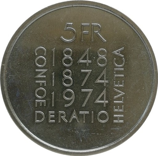 Zdjęcie oferty: Szwajcaria 5 francs 1974, KM#52
