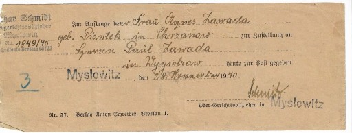 Zdjęcie oferty: Pismo sądowe, niemieckie z 1940 r z m. Myslowitz