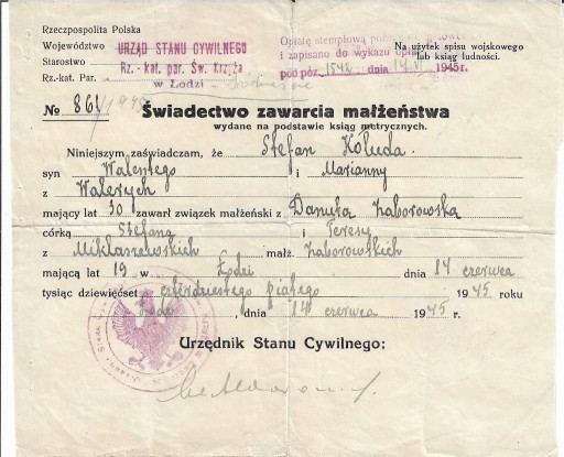 Zdjęcie oferty: Świadectwo ślubu z 1945r - pieczęć orła w koronie