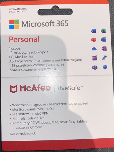 Zdjęcie oferty: Licencja MICROSOFT OFFICE 365 + MCAFEE 1 ROK / 1TB