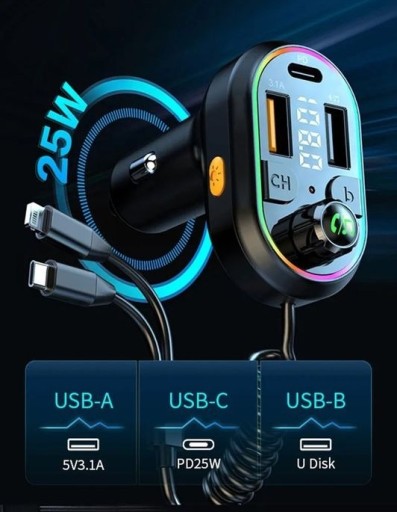 Zdjęcie oferty: Samochodowy nadajnik Bluetooth 5.0 FM 25W z kablem