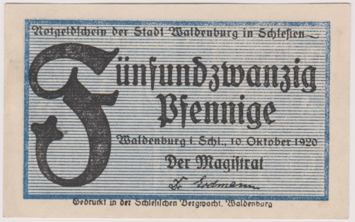 Zdjęcie oferty: Waldenburg (Wałbrzych), 25 Pf, 10.10.1920 (n)