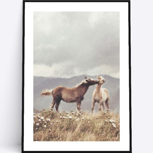 Zdjęcie oferty: A4 Plakat konie łąka zwierzęta sepia do salonu