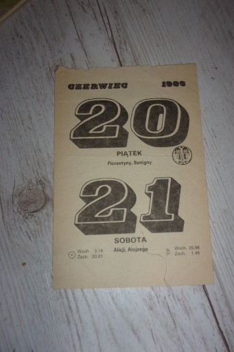 Zdjęcie oferty: z kalendarza 1986 20 czerwca 21 czerwca