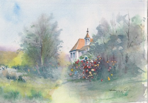Zdjęcie oferty: Obraz akwarelowy - pejzaż letni 28,5 cm x 19,5 cm