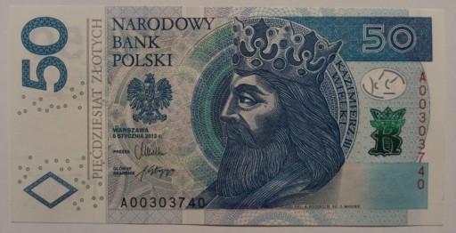 Zdjęcie oferty: 50 ZŁ KAZIMIERZ WIELKI 2012 r SERIA AO 0303740 UNC