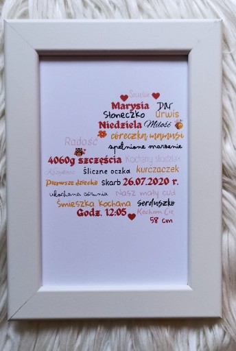 Zdjęcie oferty: Personalizowana Metryczka w ramce 10cm x 15 cm