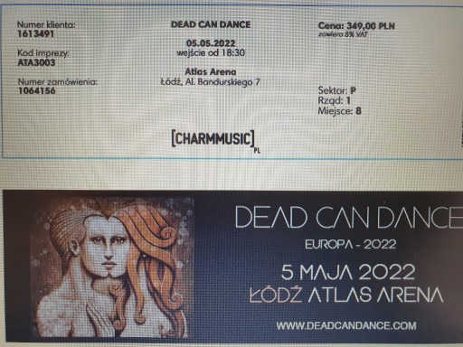Zdjęcie oferty: 2 bilety na koncert Dead Can Dance 5 maj 2022 Łódź
