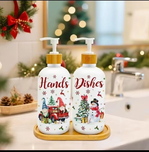 Zdjęcie oferty: Zestaw 2 Świątecznych Dozowników do Mydła z Gnomami i Tacką