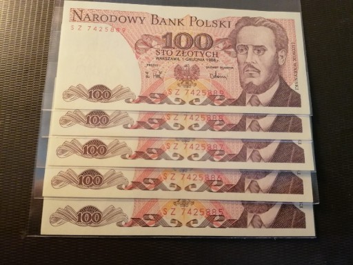 Zdjęcie oferty: 5 banknotów 100 zł 1988 kolejne numery