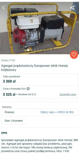 Zdjęcie oferty: Agregat prądotwórczy Europower silnik Hondy 