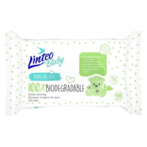 Linteo Baby 100% Biodegradable delikatne nawilżane chusteczki dla dzieci 48