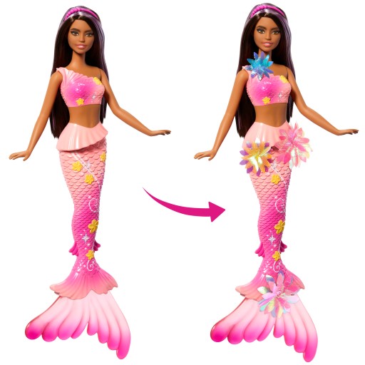 Barbie syrenka rozkwitające kwiaty lalka brunetka z funkcją 3+ JDM73