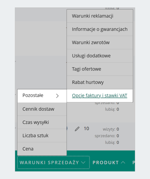 Opcje faktury i stawki VAT - zakładka