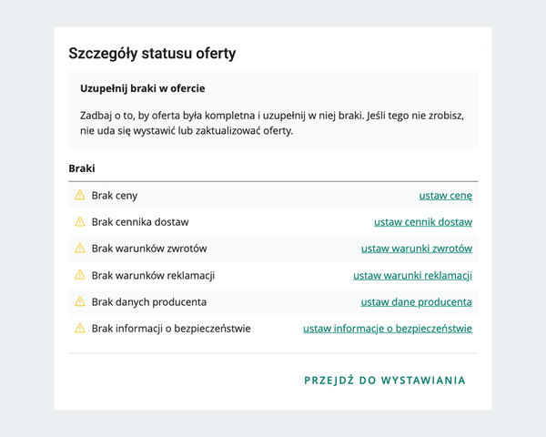 zrzut z ekranu: nowe okno ze szczegółami statusu oferty