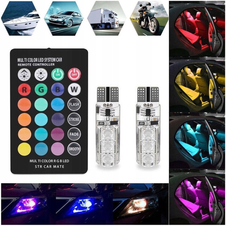 LUCES DIODO LUMINOSO LED RGB T10 W5W POSTOJOWE INTERIOR + CONTROL REMOTO 