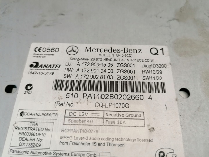 MERCEDES R172 RADIO CD NAVIGATION A1729001505 CODE