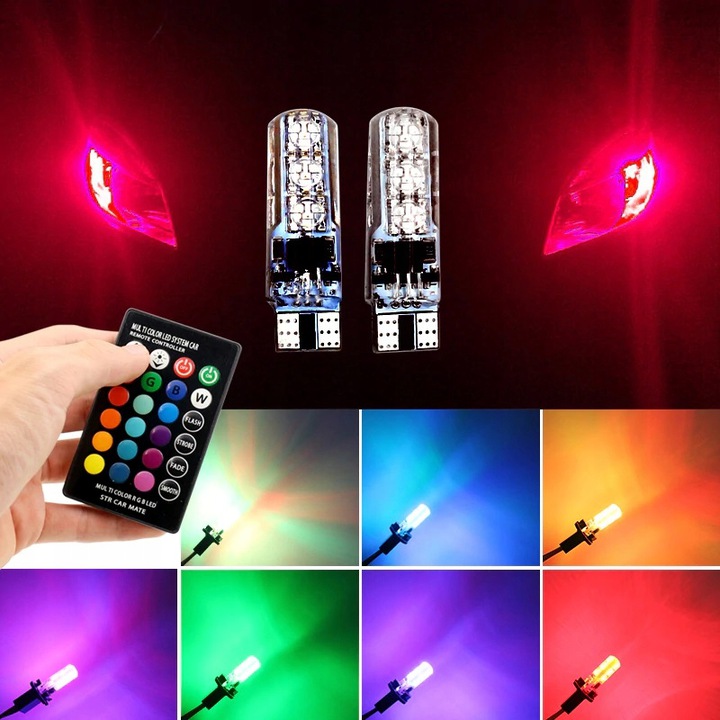 LUCES DIODO LUMINOSO LED RGB T10 W5W POSTOJOWE INTERIOR + CONTROL REMOTO 