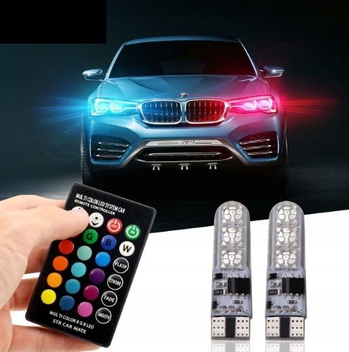 LUCES DIODO LUMINOSO LED RGB T10 W5W POSTOJOWE INTERIOR + CONTROL REMOTO 