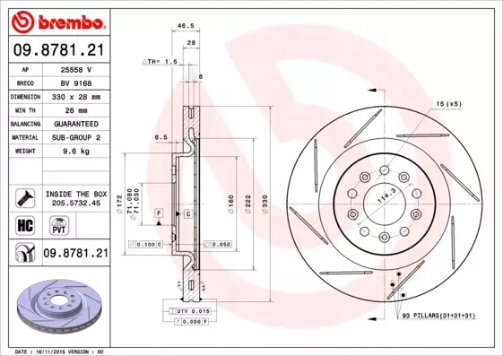 BREMBO DISCOS DE FRENADO PARTE TRASERA 09.8781.21 