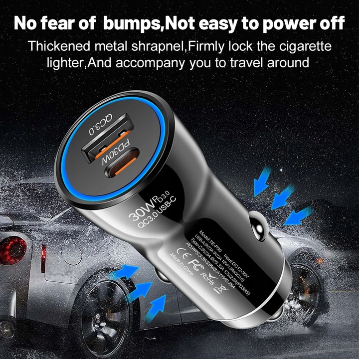 30W PD QC 3.0 FLASH CAR CHARGER FAST CHARGING USB C CHARGING PARA APPLE 