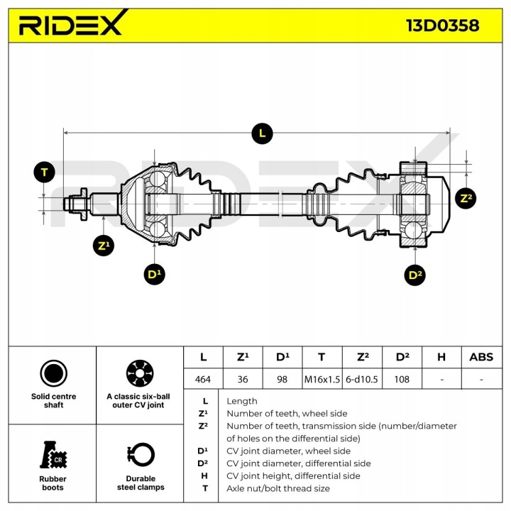 RIDEX 13D0358 ARBRE DE TRANSMISSION AVANT GAUCHE VERS VW POLO (9N) VERS SKODA FABIA (6Y2)