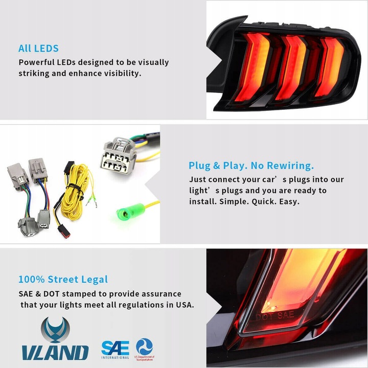 FORD MUSTANG 2015-23 PHARE FEUX ARRIÈRE LED VLAND EUROPE CZYSTE HOMOLOGATION
