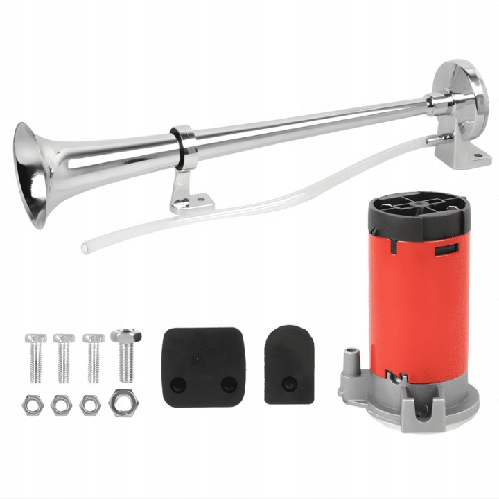 SIGNAL KLAXON TROMPETTE AVERTISSEUR SONORE CHROME AVEC COMPRESSEUR TRÈS HAUT-PARLEUR 12V 44.5CM