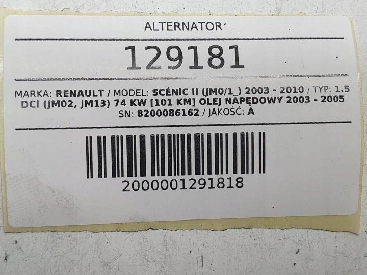 ALTERNATEUR 125A RENAULT SCENIC 1.5 DCI 8200086162