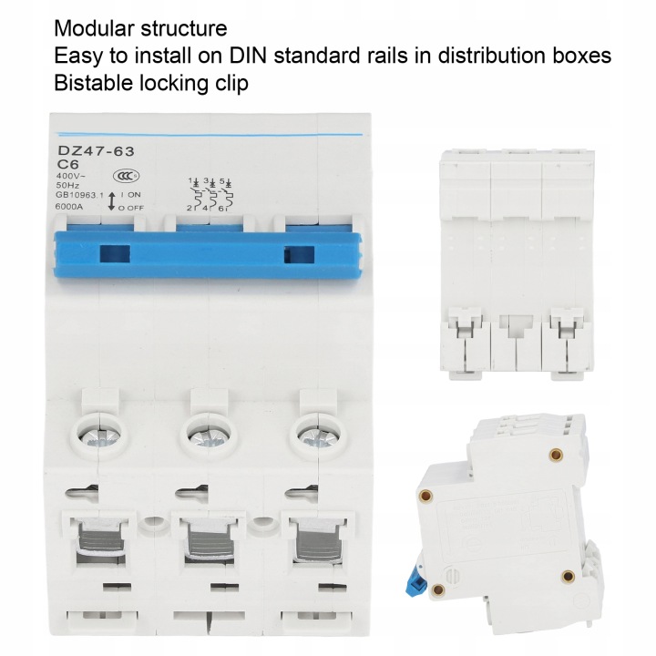 3P BRKER PA66 DIN RAIL MOUNT MINIATUR CIRCUIT BRKER CAPACITÉ 6000A LL