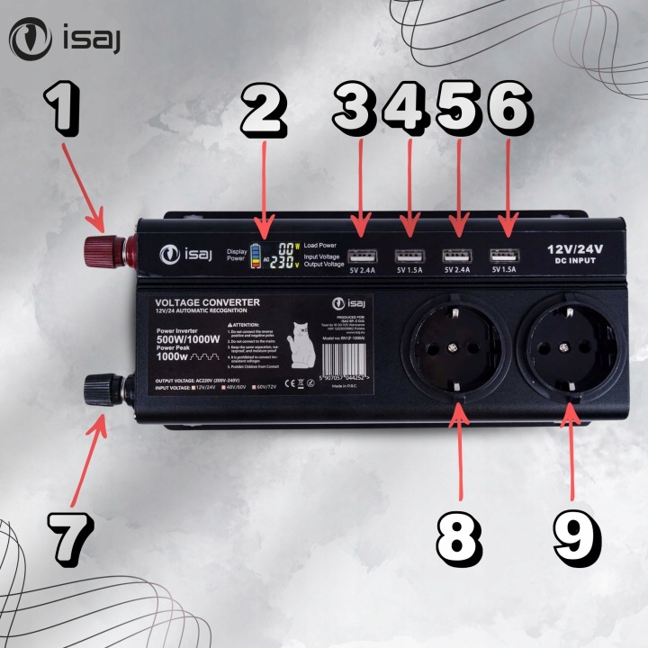 CONVERTISSEUR ISAJ RN1 12V 24V 230V AUTOMOBILE INWERTER 500W 1000W USB