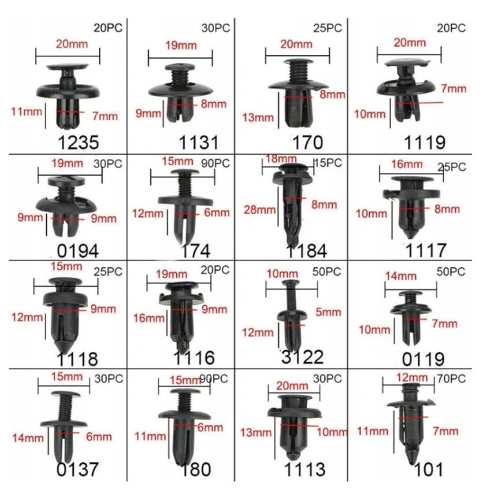 PINS CLAMPS KLIPSY AUTOMOTIVE 625 PCS. COVER UNIVERSAL 18 ROZMIAROW 