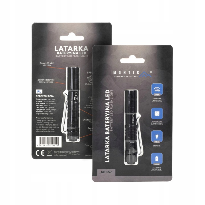 LAMPE DE POCHE KOMPAKT ALUMINIUM LED MT157 80LM IP54 AGRAFE 1XAAA PORECZNA MONTIS