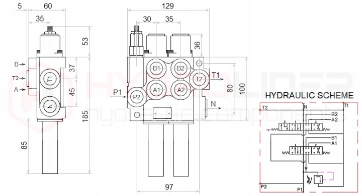 DISTRIBUTEUR HYDRAULIQUE 2 SEK 40L K16 3 SECTION JOYSTICK 1P CÂBLES 1M