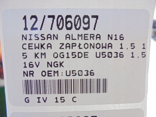 NISSAN ALMERA N16 BOBINE ALLUMAGE U5036 1,5 16V