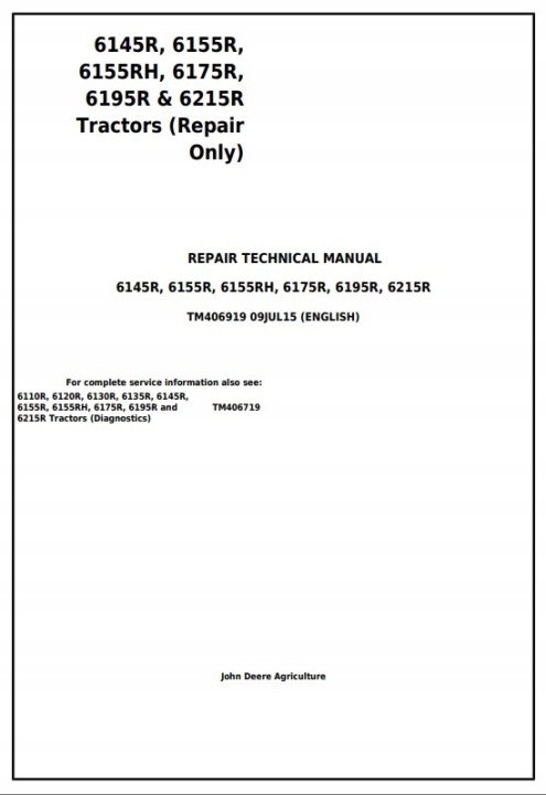 INSTRUCTION RÉPARATION JOHN DEERE 6145 R, 6155 R, 6175 R, 6195 R, 6215 R ENG