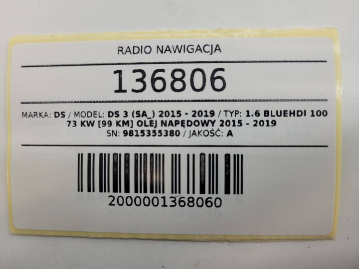 RADIO NAVIGATION CITROEN DS3 9815355380 2016 EUROPE