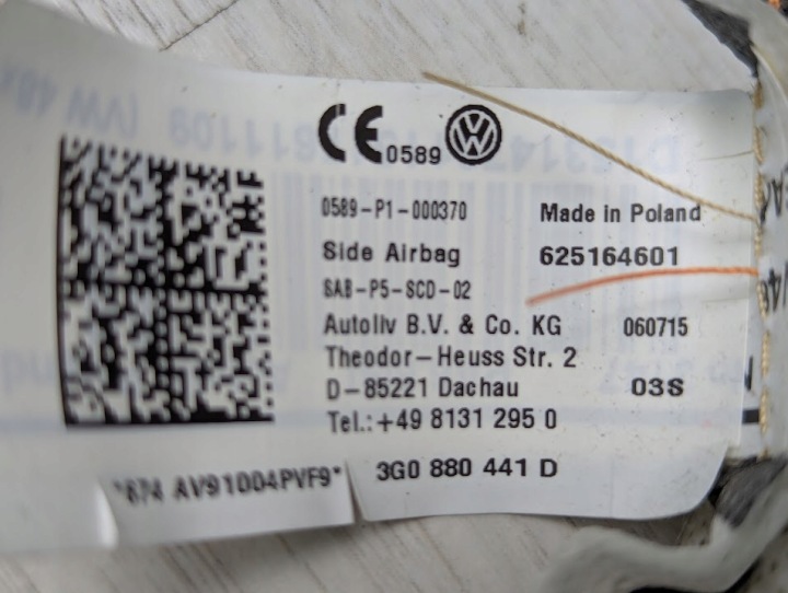COUSSIN AIRBAG FLANC BANQUETTES ARRIÈRE GAUCHE ARRIÈRE VW PASSAT B8 3G0880441D
