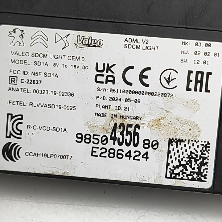 MODULE DE COMMANDE D'ÉCLAIRAGE OPEL MOKKA 9850435680 32802975 1.2L 100KW 2024