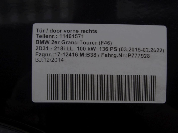 BMW 2 F46 GRAN TOURER 14-22 PORTES DROIT AVANT COMPLET 475 NOIR SAPPHIRE