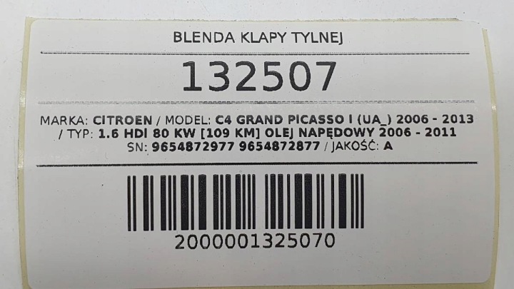 CACHE COUVERCLES DE COFFRE ARRIÈRE CITROEN C4 GRAND PICASSO 9654872977